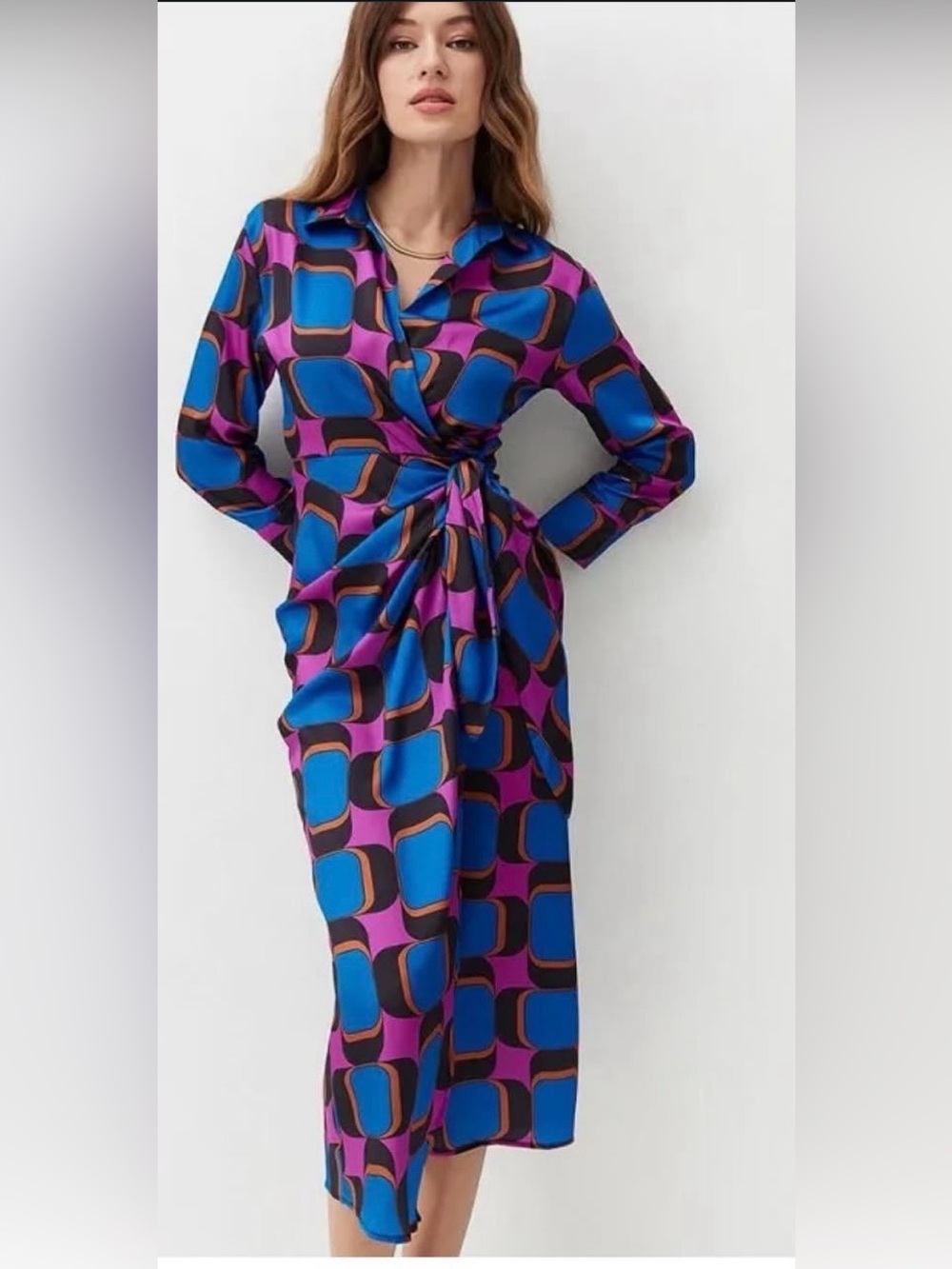 HOUSE OF HARLOW 1960 Geometric Print Satin Wrap Dress Size XS